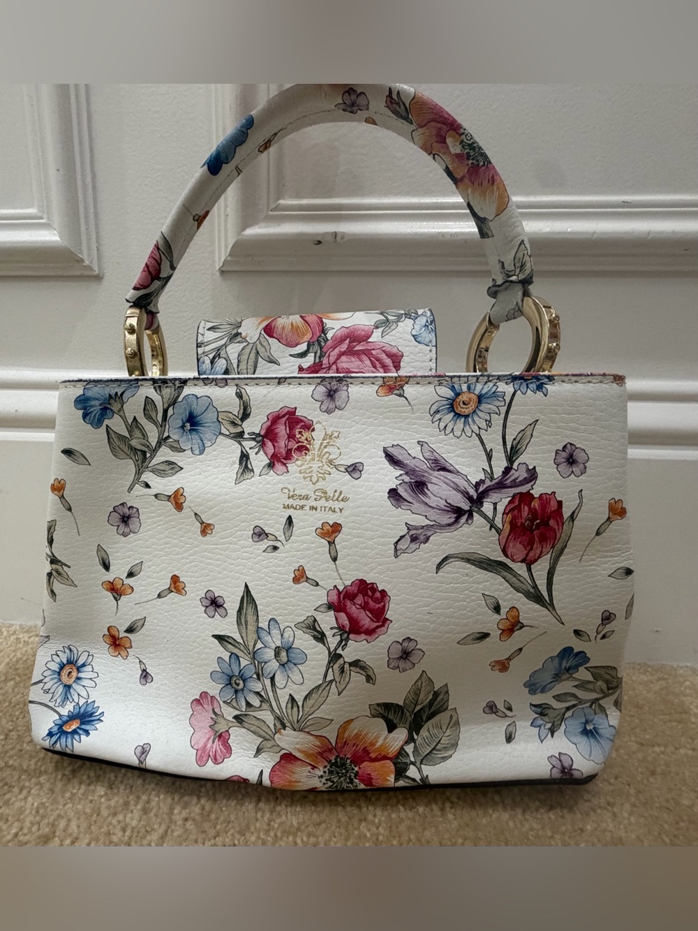 Vera Pelle Made in Italy Floral Leather Top Handle Handbag White Botanical Purse